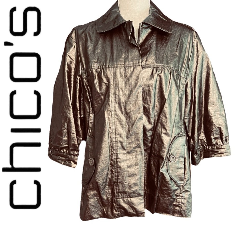 CHICO’S Women’s Bronze Shimmer Metallic Button Up Linen Jacket 2/Large